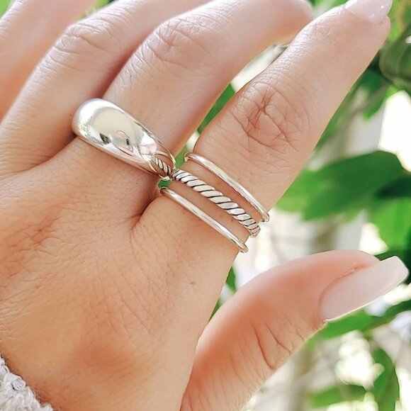 Women's 925 Sterling Silver Triple Band Three Stacking Ring Set Adjustable Thumb - Picture 1 of 10